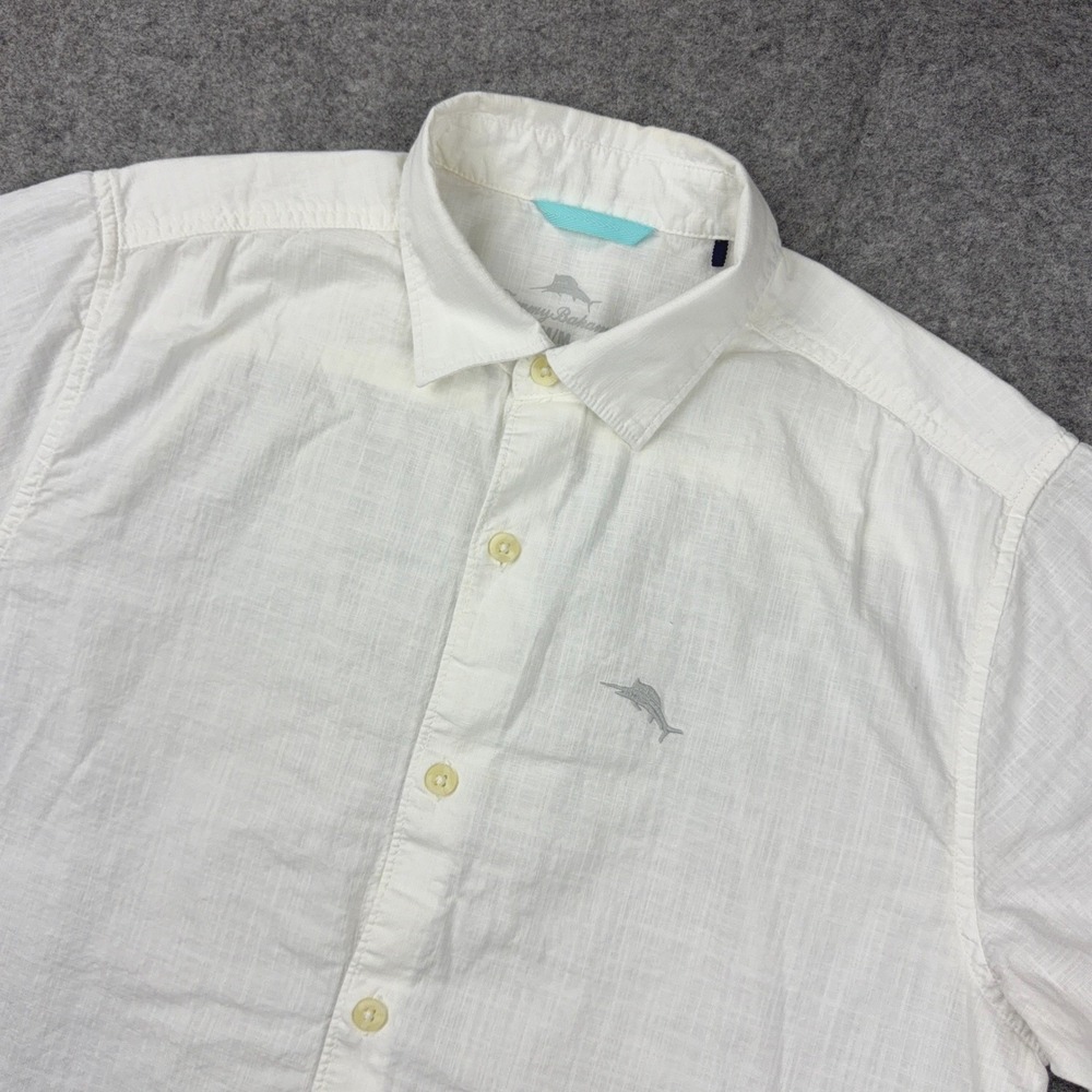 Tommy Bahama Shirt Mens M White Short Sleeve Cotton Slub Textured Button Down